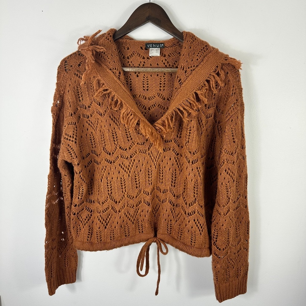 Venus‎ Crochet Knit Sweater Womens Small Brown Hooded Fringe Cropped Boho Indie